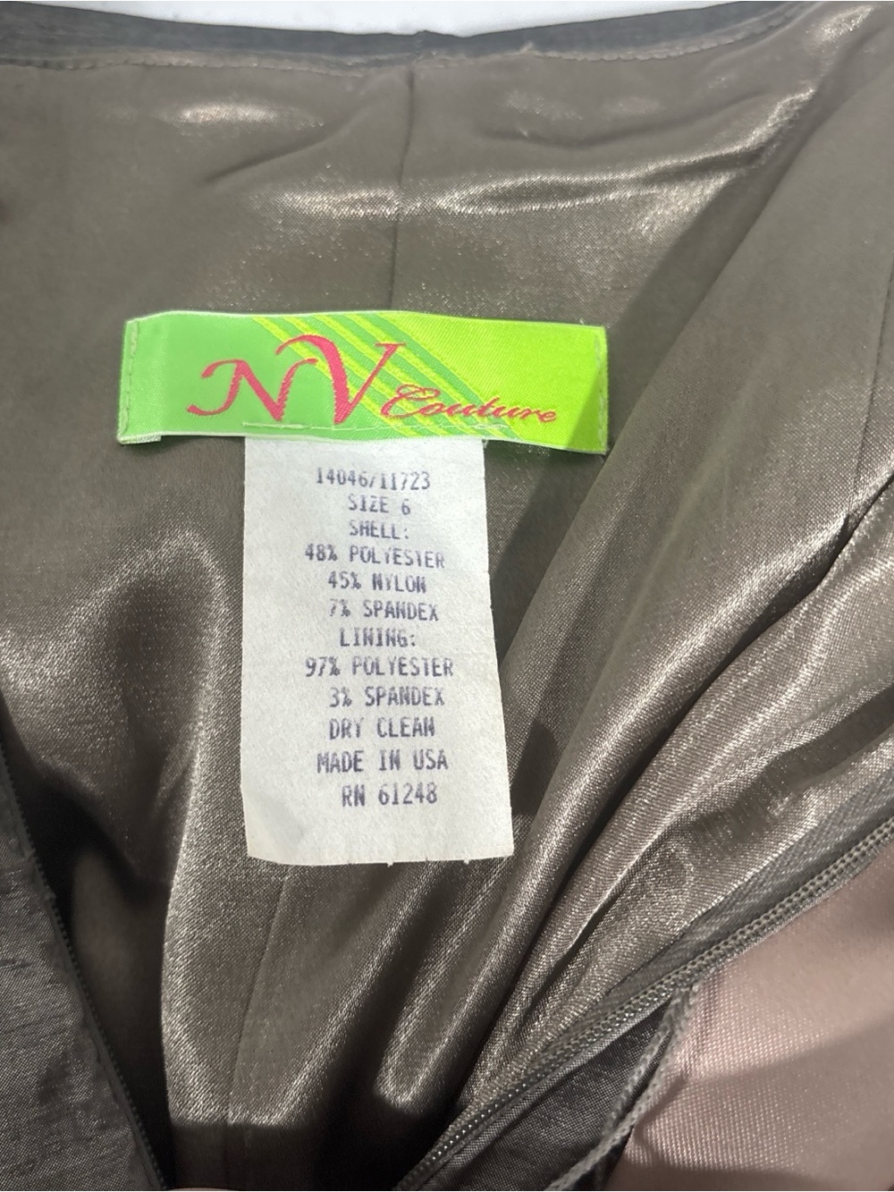N V Couture Olive Green Party Dress with Satin tan Waist Tie - Picture 6 of 6
